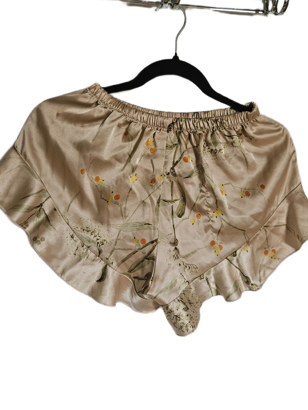 Silk-Feel Beige Floral Ruffle Pajama Shorts
